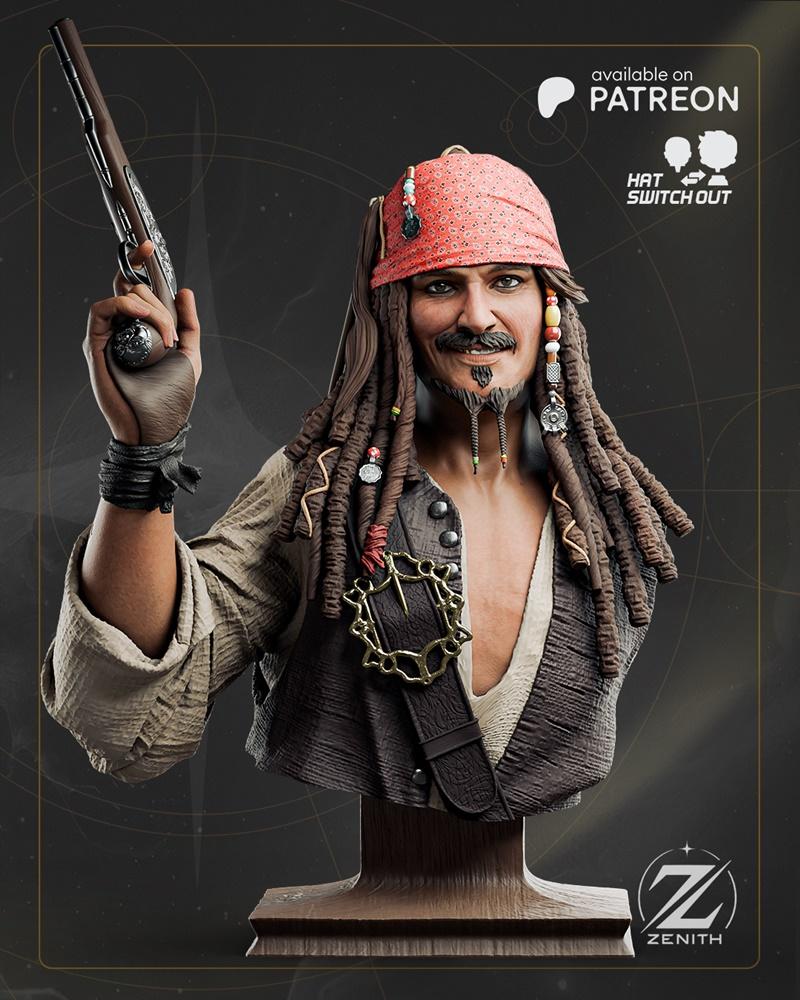 Bust of Captain Jack Sparrow from Pirates of the Caribbean, holding a flintlock pistol, wearing a red bandana and dre...