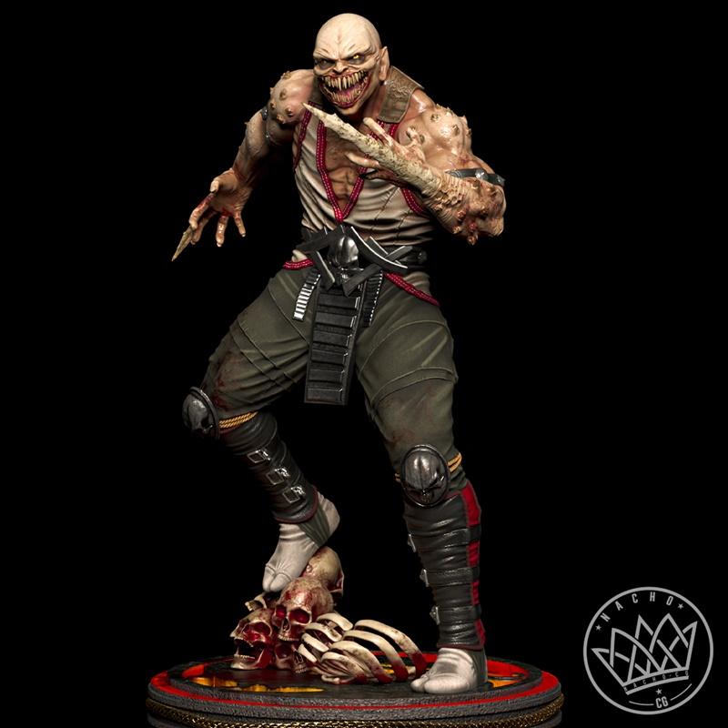 Baraka from Mortal Kombat statue, a monstrous character with arm blades and sharp teeth, standing on a pile of skulls...