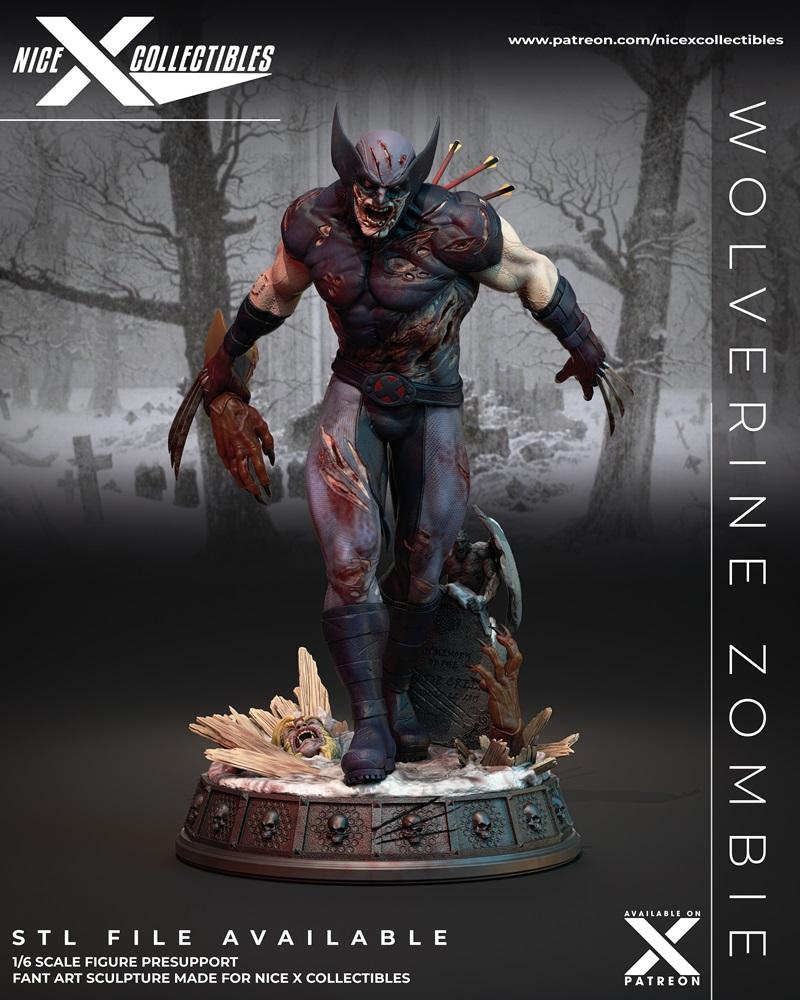 Wolverine Zombie 3D print model by Nice X Collectibles, a decaying figure with claws extended, arrows in its back, st...