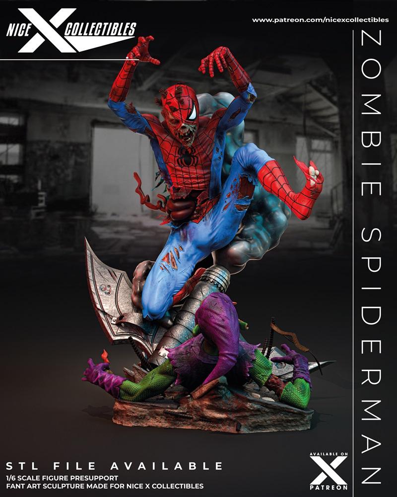 Zombie Spider-Man in a dynamic pose, tearing through a defeated Green Goblin on a rubble-strewn base. Spider-Man's su...