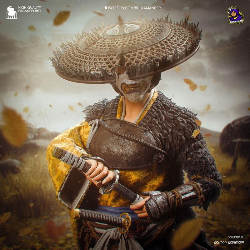 Samurai warrior figure with a mask, straw hat, and katana, holding the sword in a combat stance. Detailed armor and r...