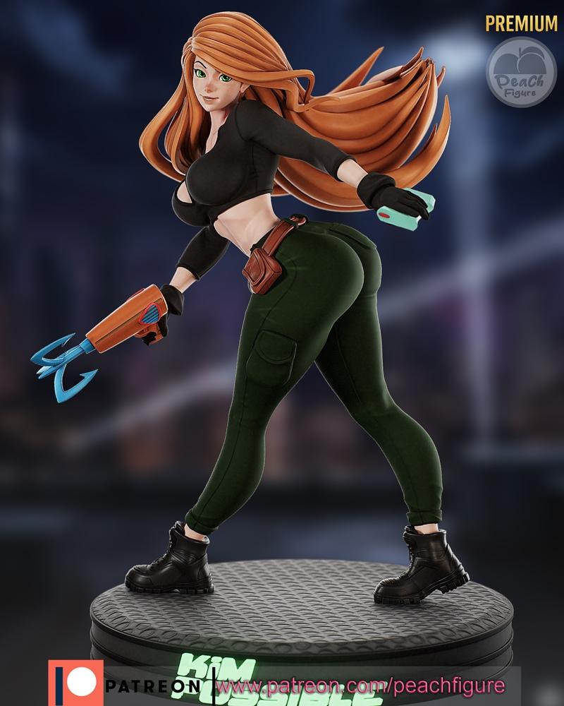 Kim Possible 3D figure in action pose, wearing black crop top, green cargo pants, and boots, holding a futuristic gad...