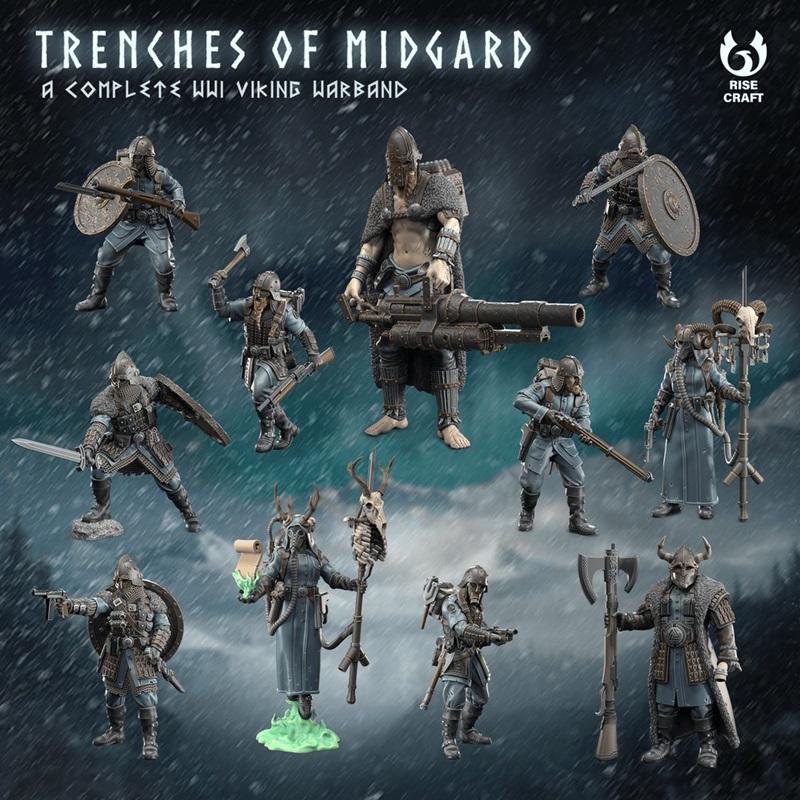 A collection of 3D printable Viking figures from Rise Craft, titled 'Trenches of Midgard: A Complete WWII Viking Warb...