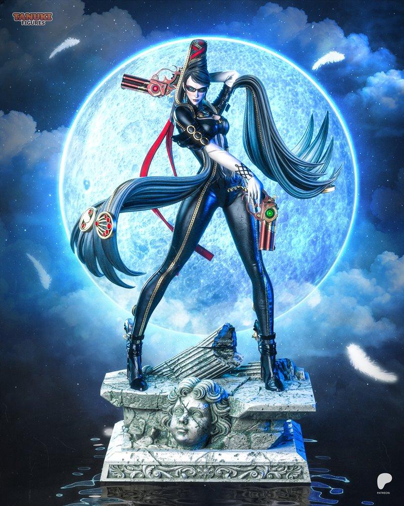 Bayonetta figure in a dynamic action pose, wearing a black suit and holding guns, with a large moon in the background...