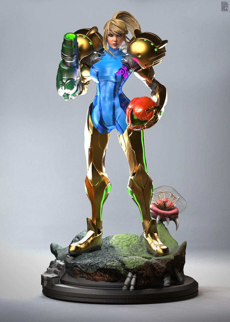 Samus Aran in Varia Suit, gold and blue armor, arm cannon raised, holding Metroid helmet, standing on rocky base with...