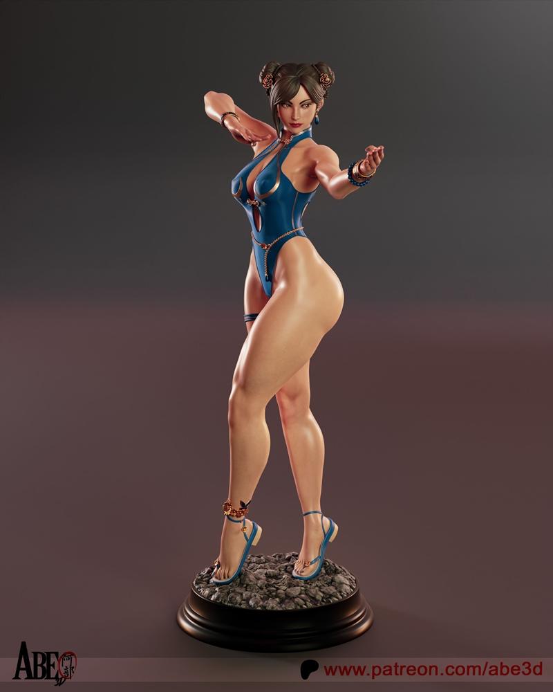 Chun-Li in a blue, high-cut bodysuit and blue sandals, striking a combat pose on a textured base. Her hair is styled...