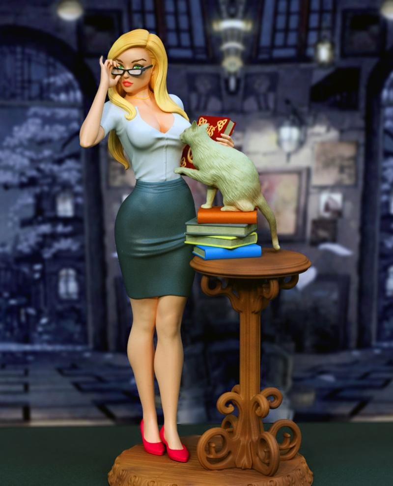 Blonde woman in glasses and a pencil skirt, holding a book, with a cat on a stack of books. Exclusive studio 3D model.