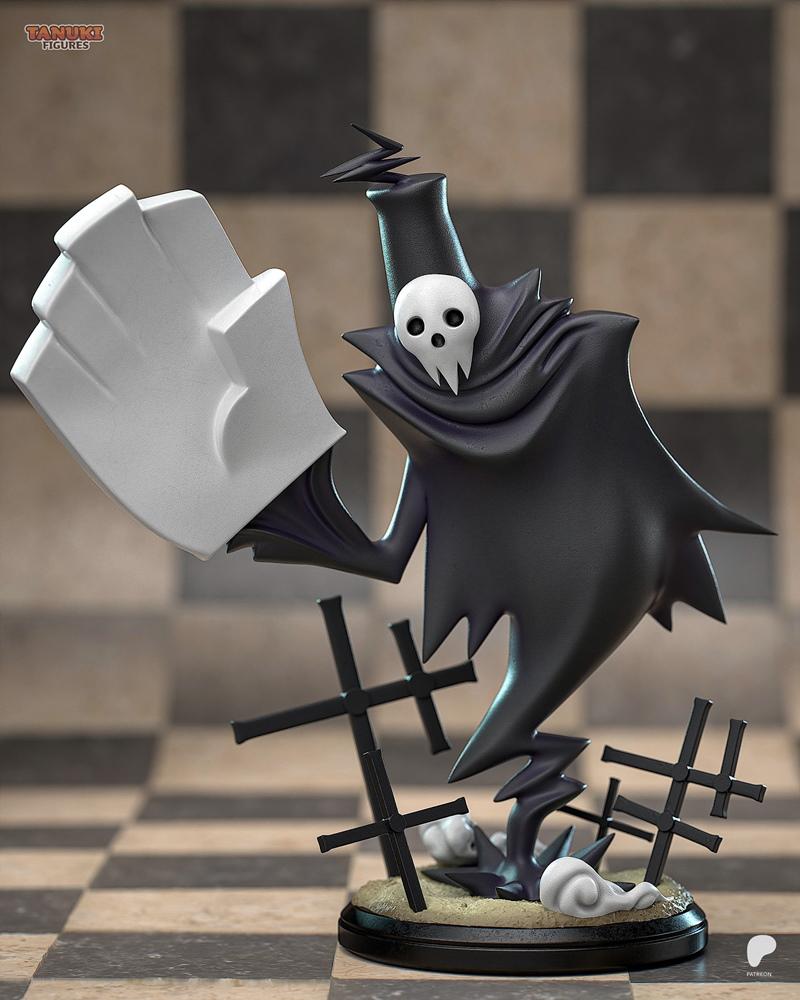 Chibi Lord Death figure from Soul Eater, wearing a black cloak with a skull face and a large white glove, standing on...