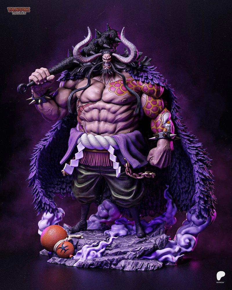 Kaido figure from One Piece, muscular with horns, fur cloak, and spiked club, standing on a rocky base with purple sm...