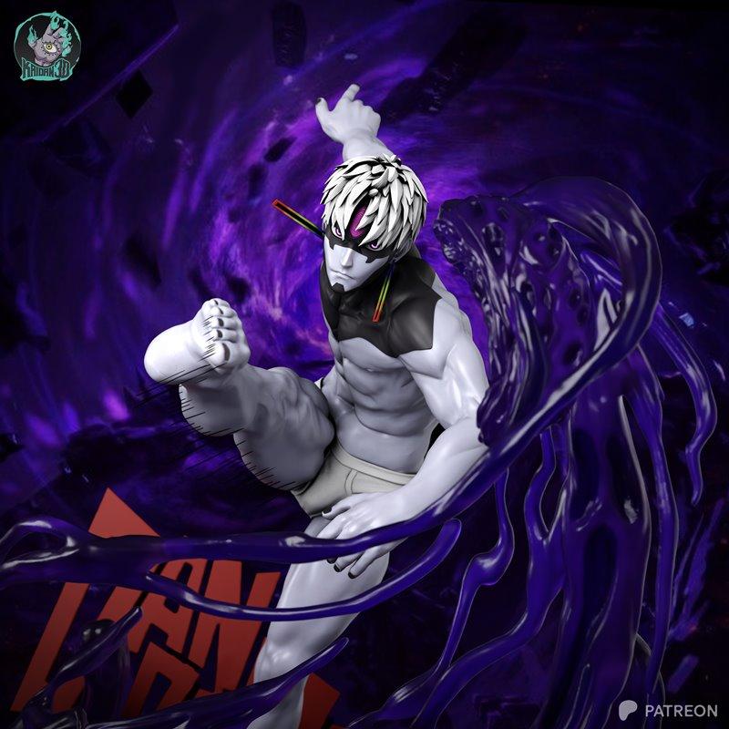 Male figure of Evil Eye from Jujutsu Kaisen in a dynamic kick pose, surrounded by swirling dark purple energy. He has...