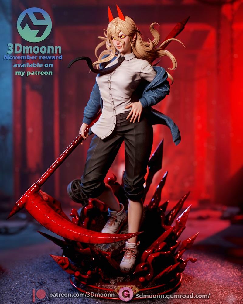 3Dmoonn 3D printable figure of Power from Chainsaw Man, standing dynamically with a blood scythe, wearing a white shi...