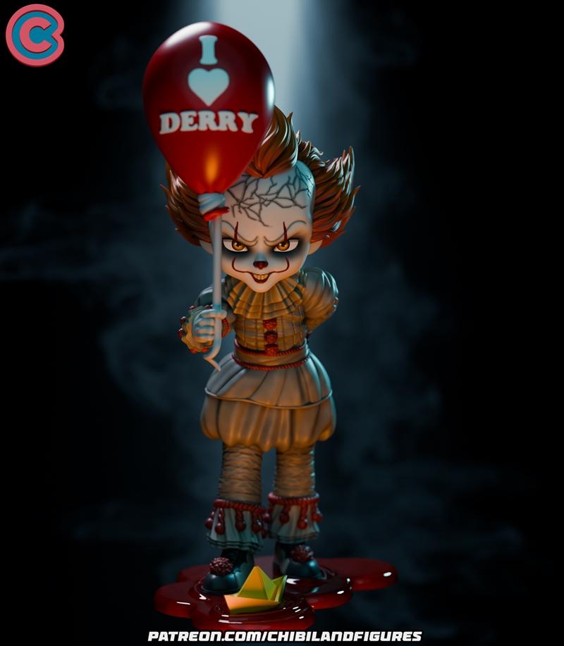 Chibi Pennywise figure holding a red balloon that says 'I LOVE DERRY', standing on a base with blood and a paper boat...