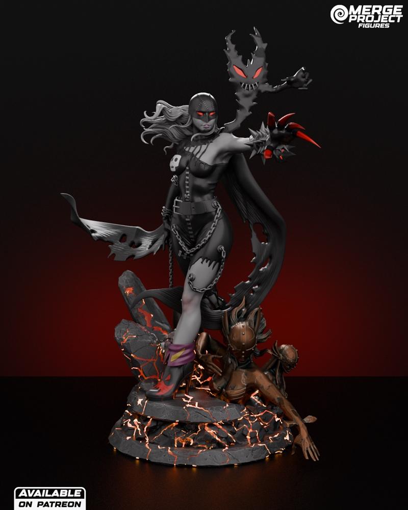 Merge Project Figures 3D model of LadyDevimon, a gothic anime character with dark attire, chains, and a flowing cape,...
