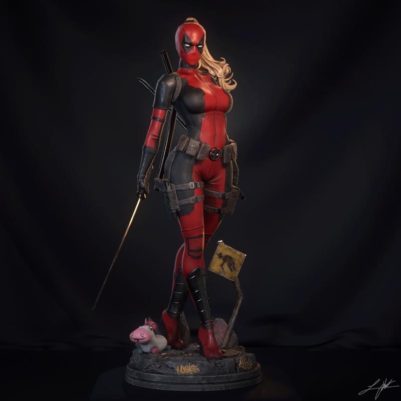 Lady Deadpool figure in red and black suit, holding a sword, with a unicorn at her feet on a detailed base.