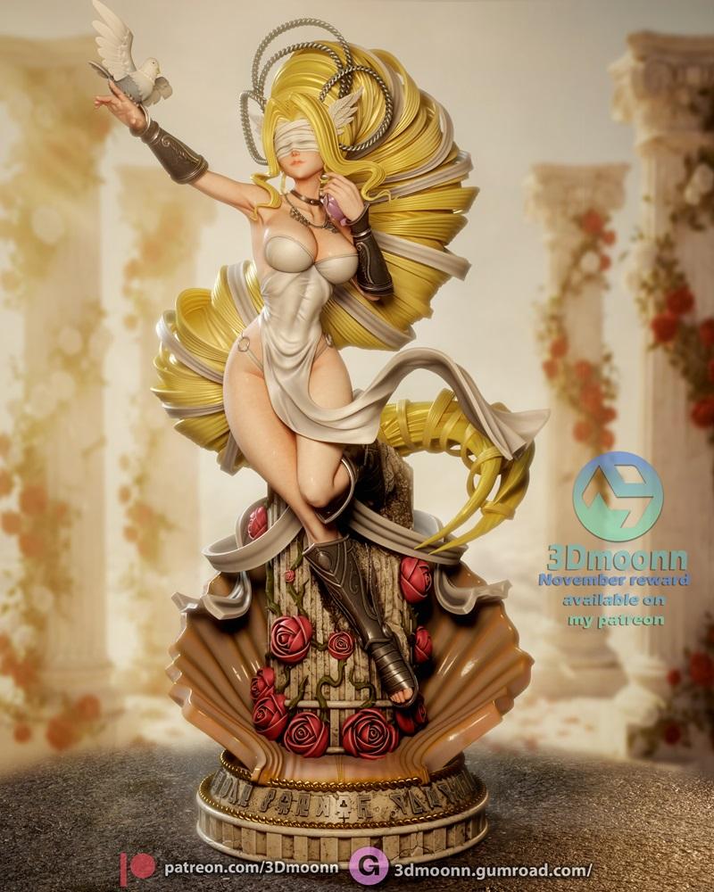 3Dmoonn Venusmon figure with blindfold, holding a dove, seated on a shell base with roses, flowing blonde hair, white...