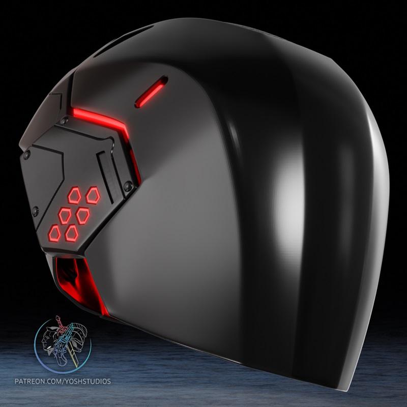Sleek black Tron Ares Helmet with glowing red hexagonal lights and linear accents, presented against a dark background.