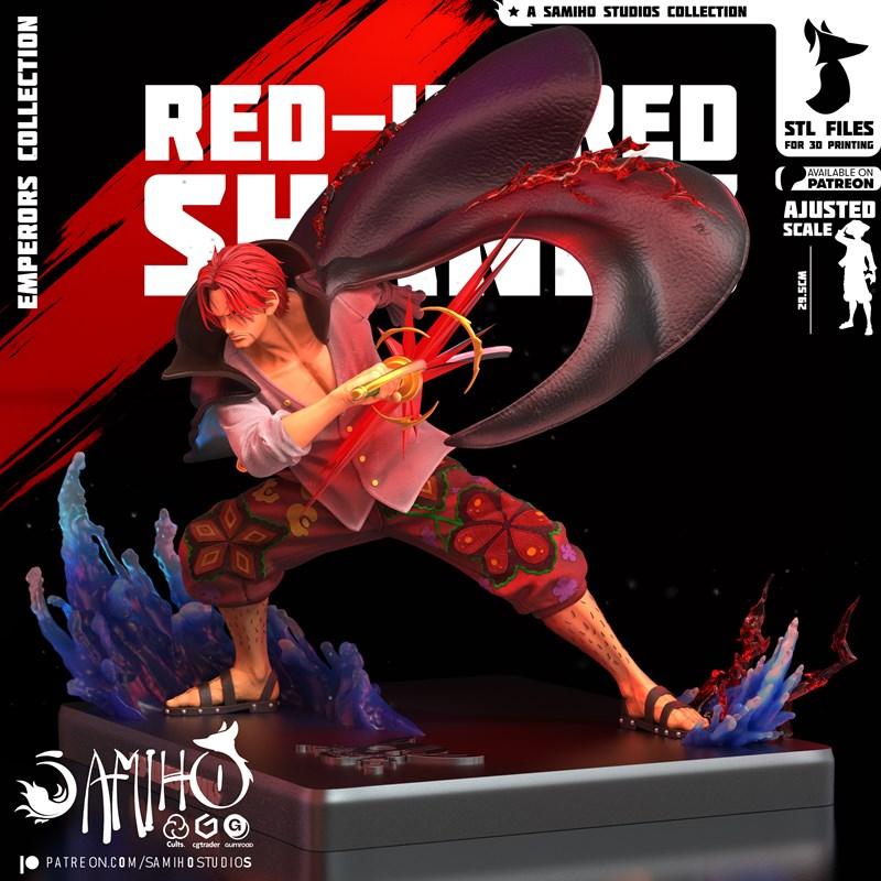3D printable figure of Red-Haired Shanks from One Piece, posed dynamically with his sword, wearing a red shirt, patte...