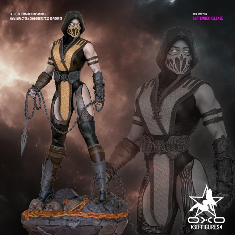 Female Scorpion character 3D model, wearing a hooded outfit with a mask, holding a chain weapon, standing on a rocky...