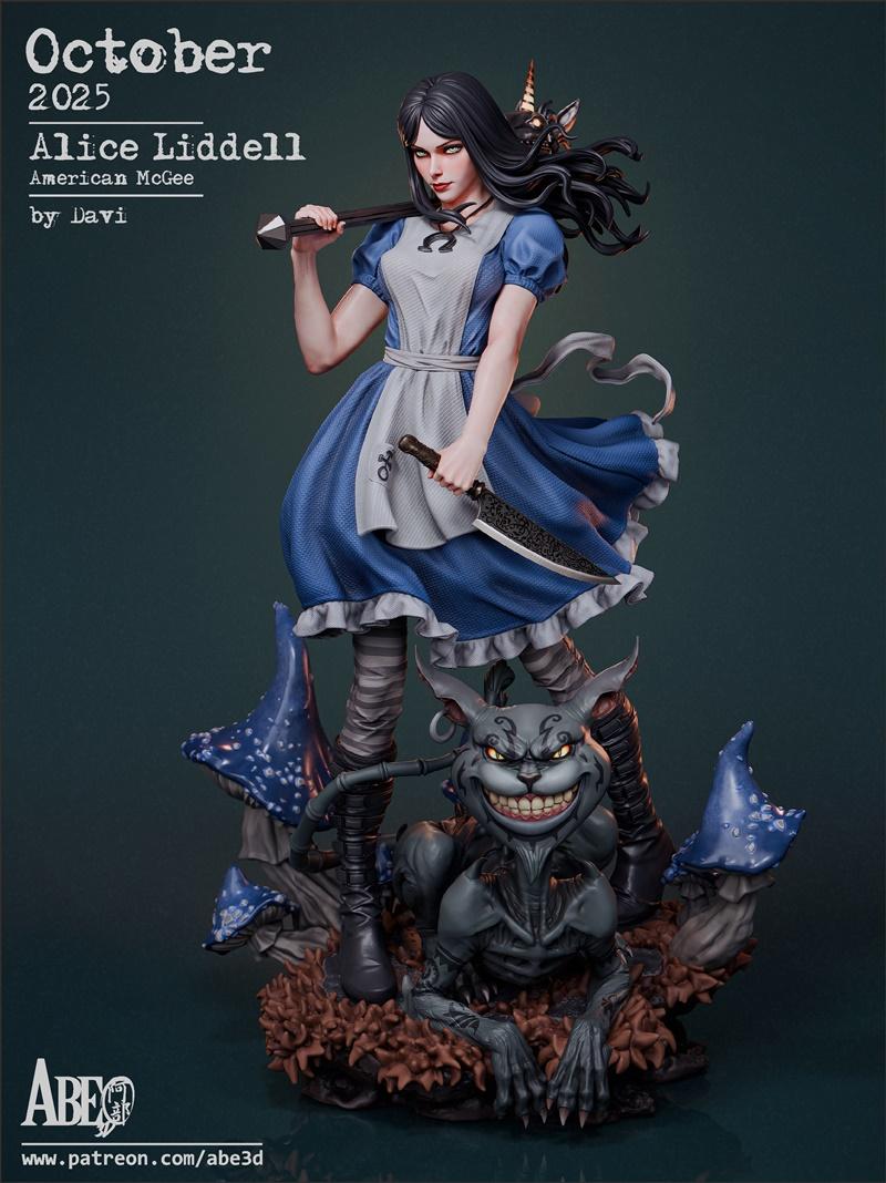 Alice Liddell figure with knife and hammer, beside a menacing Cheshire Cat, on a base with mushrooms and leaves. Abe3...