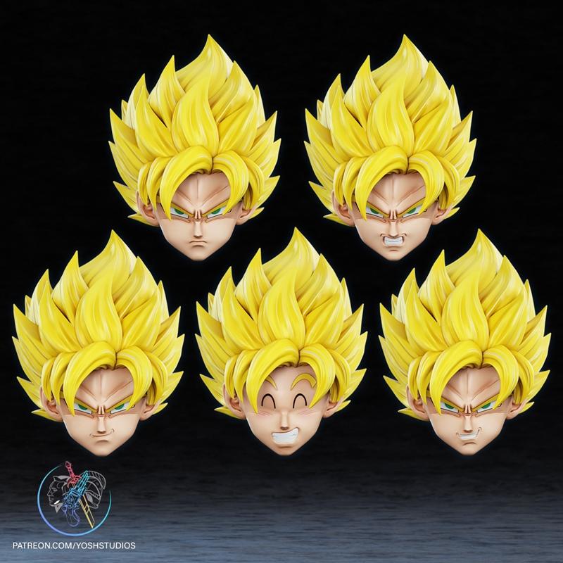 Five Super Saiyan Goku head sculpts with different expressions, yellow spiky hair, detailed faces, 3D print models.
