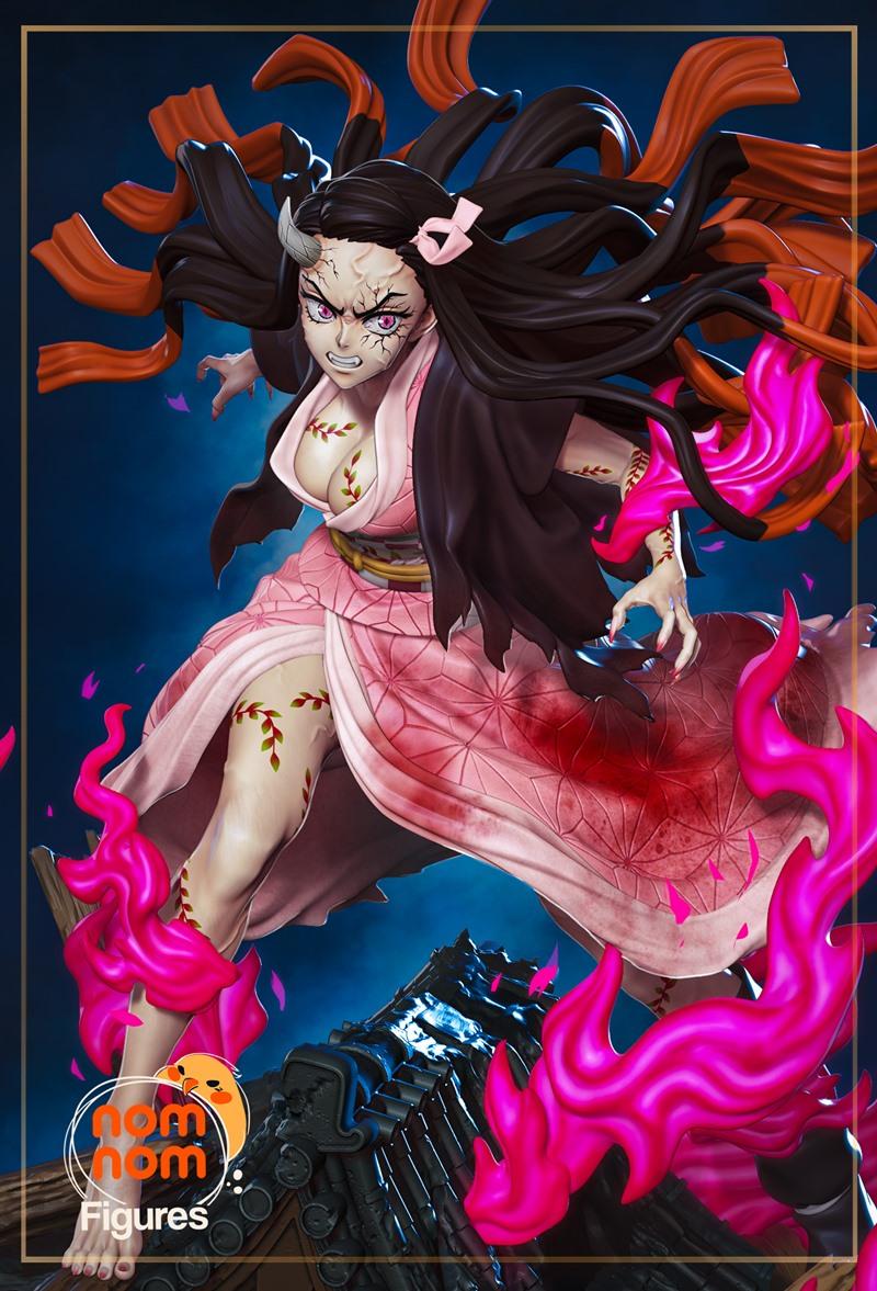 Nezuko Kamado from Demon Slayer in a dynamic pose, surrounded by pink flames, wearing a pink kimono with vine marking...