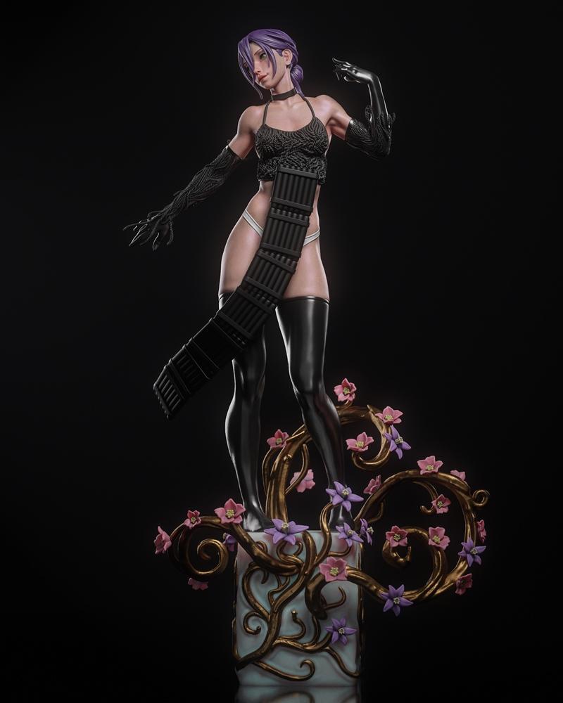 Reze, the Bomb Girl from Chainsaw Man, posed dynamically in a revealing outfit with thigh-high boots and textured glo...