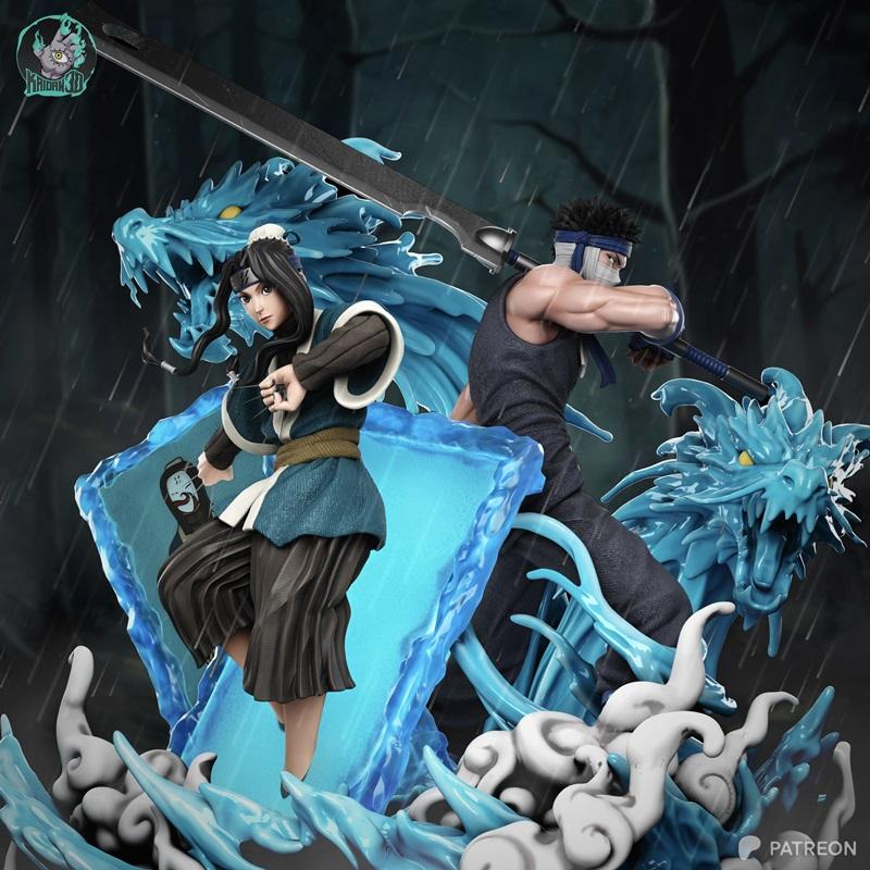 3D print model of Haku and Zabuza from Naruto, surrounded by ice dragons and water effects, with Zabuza holding a lar...