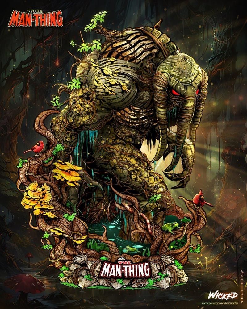 Man-Thing creature sculpture made of roots and moss, with red eyes, surrounded by trees, mushrooms, and birds. The ba...