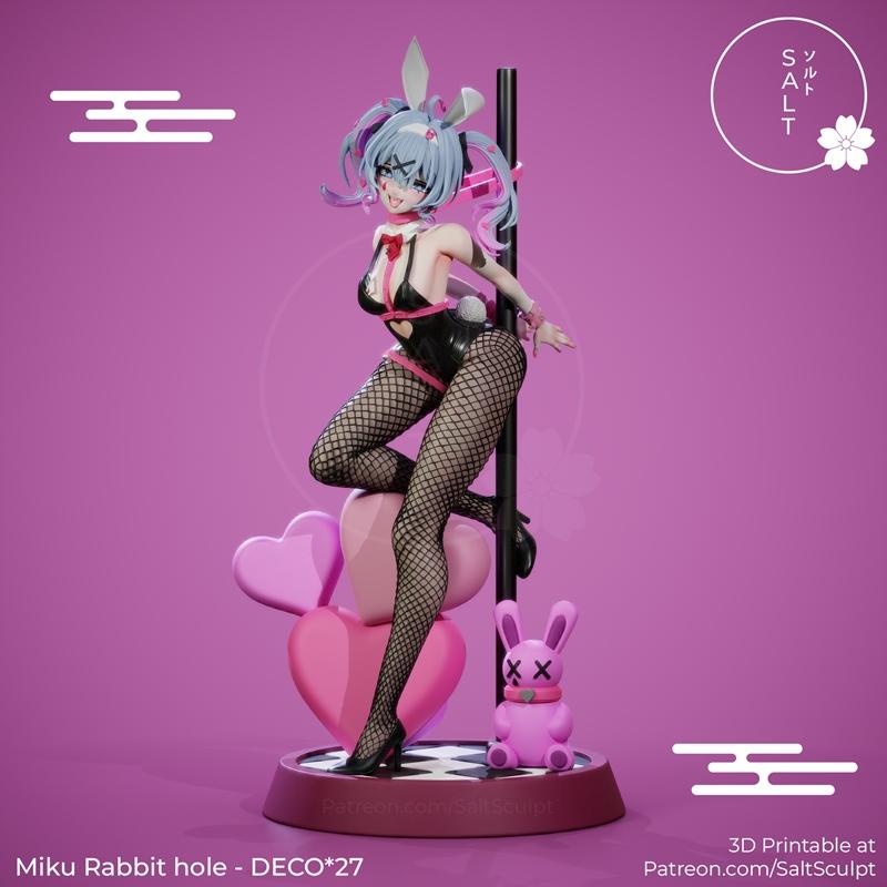 Anime-style figure of Miku Rabbit Hole in a black bunny outfit, posing on a pole with fishnet stockings and bunny ear...