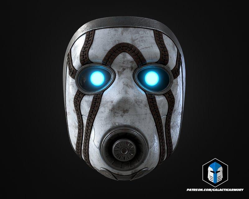 Borderlands Psycho mask with glowing blue eyes and a weathered, metallic finish, featuring dark straps and a central...