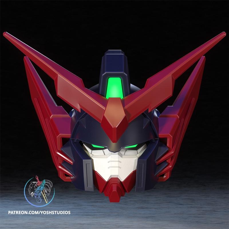 Gundam Epyon helmet 3D model, featuring red V-fins, blue head casing, green glowing eyes, and a white faceplate.