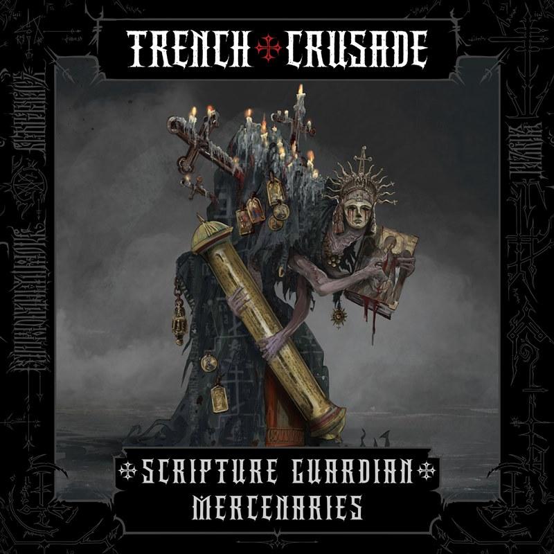 Gothic 3D model of a robed figure with candles and a crown, holding a book and a golden pillar. Trench Crusade studio...