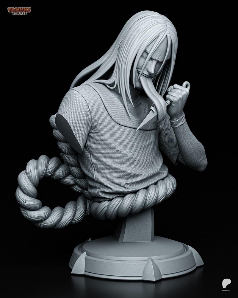 Orochimaru bust 3D model by Tanuki Figures, with long hair, extended tongue holding a kunai, and coiled rope around t...