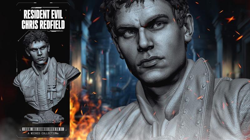 Bust of Chris Redfield from Resident Evil, featuring a stern expression and detailed tactical vest. Rendered in a gra...