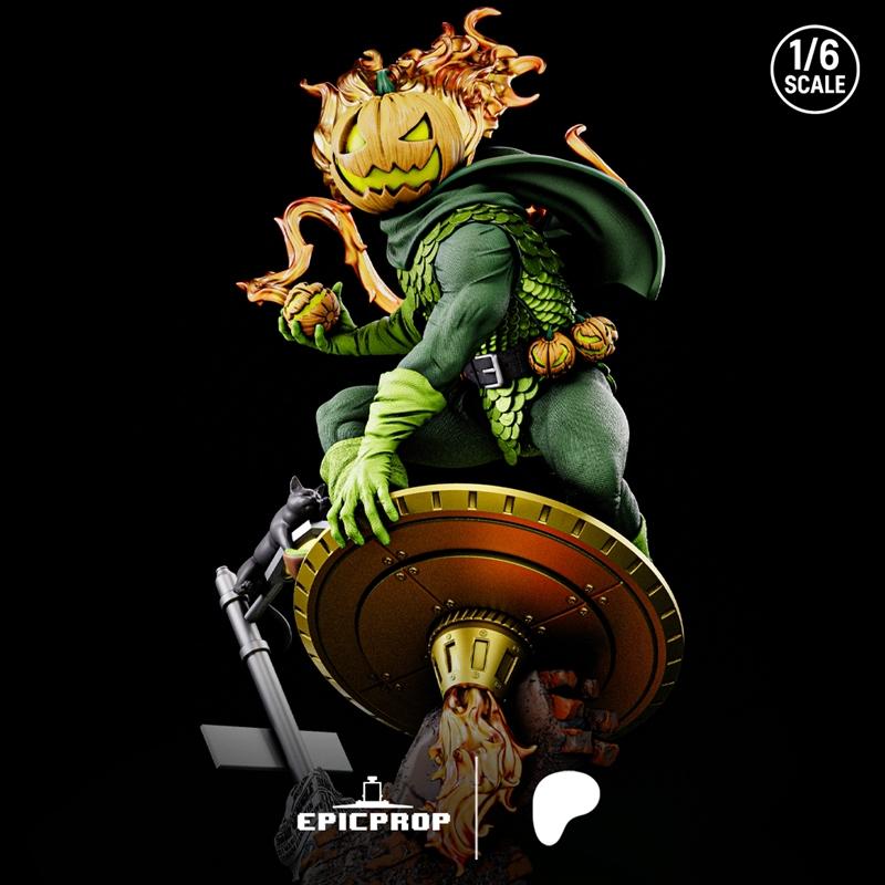 1/6 scale 3D print figure of Marvel's Jack O'Lantern, crouching with a pumpkin head and green costume, holding a smal...