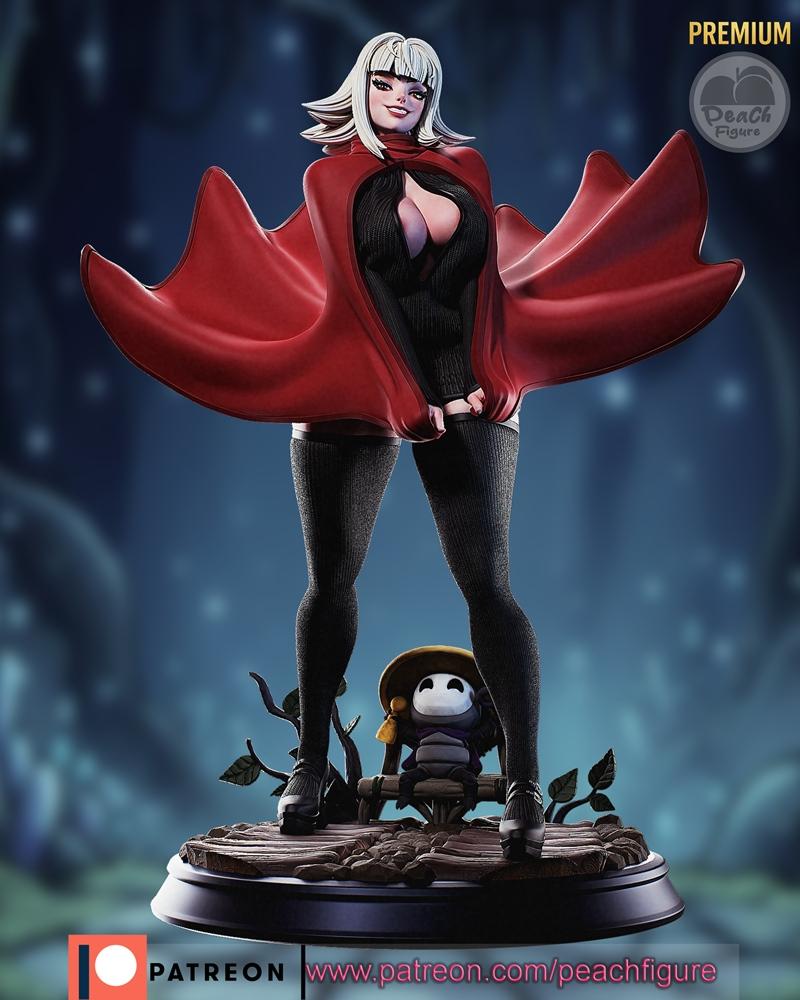 Hornet from Hollow Knight figure by Peach Figure, wearing a red cape and revealing black top, with thigh-high stockin...