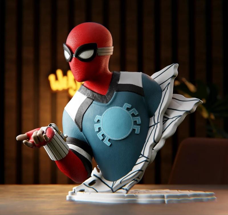 Wekster 3D printable bust of Spider-Man, wearing a red and blue suit with a spider emblem, emerging from a base of sh...