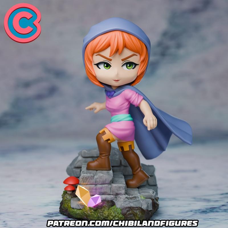 Chibi Sheila figure with orange hair, green eyes, pink tunic, blue cape, and brown boots, ascending mossy stone steps...