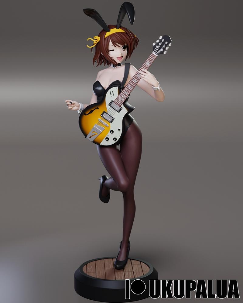 Suzumiya Haruhi anime figure in bunny girl outfit holding a guitar and winking, standing on a wooden base. Model by U...