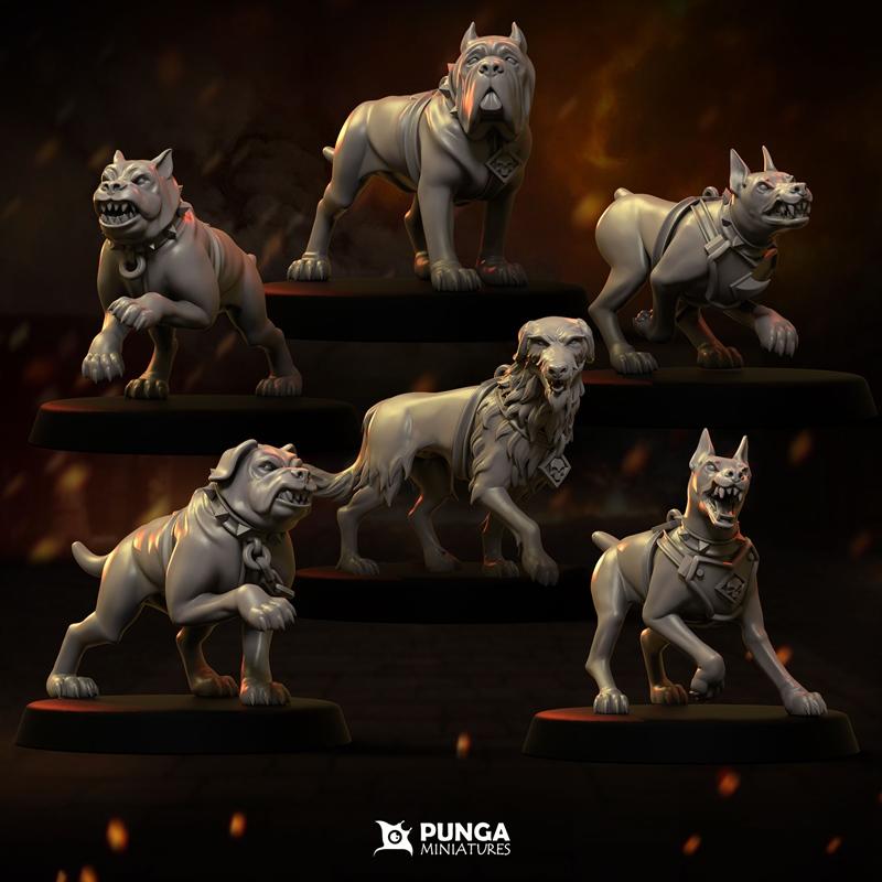 Collection of five canine miniatures from Punga Miniatures: two large mastiff-style dogs, one with a regal mane, and...