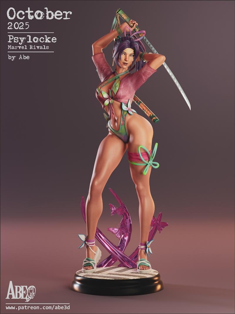 3D model figure of Psylocke by Abe3D, holding two katanas, wearing a revealing pink and green outfit with butterfly a...