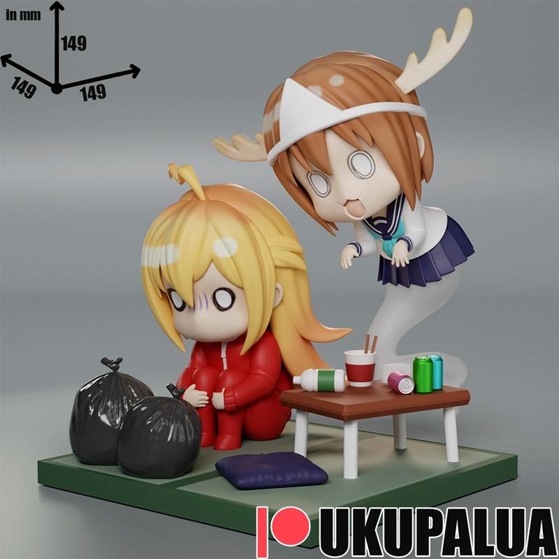 Chibi 3D model of two Shikanoko characters: one in a red tracksuit sitting by trash bags, the other in a school unifo...