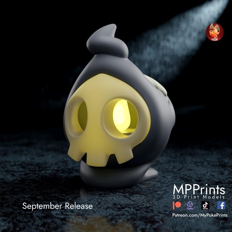 3D printable model of Duskull from Pokemon as a tea light lamp. The model has a dark grey hood and a yellow skull fac...