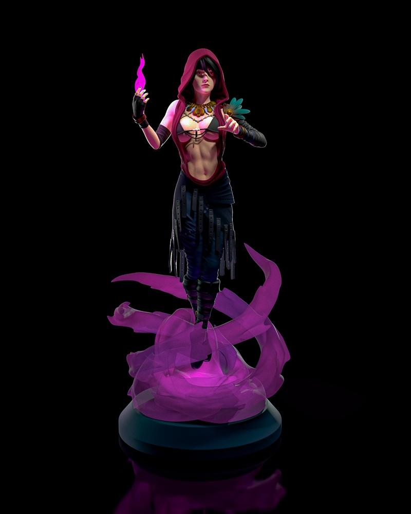 Morrigan succubus figure with hooded cloak, conjuring purple magic, standing on energy base. Detailed sculpt by h3LL...