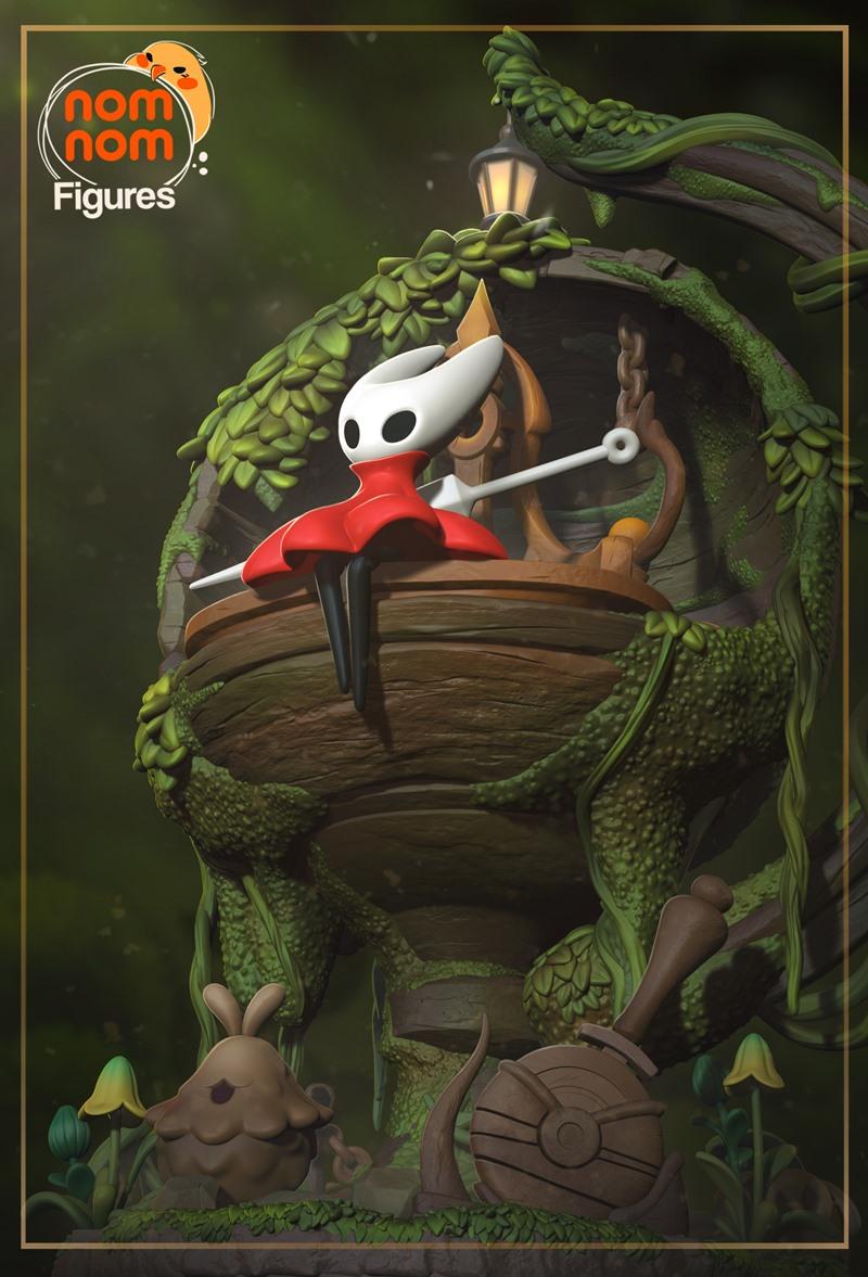 Hornet from Hollow Knight seated on a wooden platform within a mossy, vine-covered diorama, holding her needle weapon...