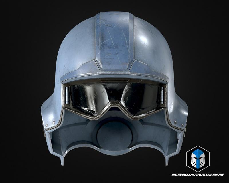 Close-up of a light blue, weathered SEAF Trooper Helmet from Helldivers 2, featuring a reflective dark visor and visi...