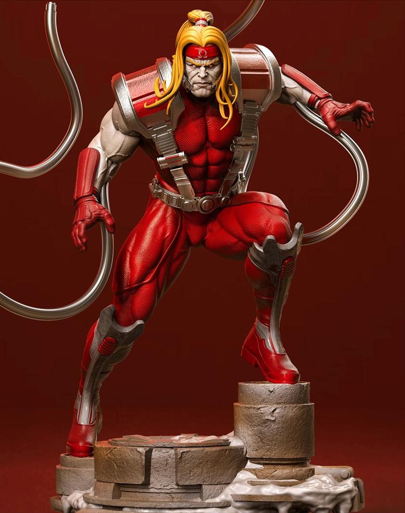 Omega Red statue in a dynamic crouch, wearing a red suit with metallic accents and shoulder pauldrons. His blonde hai...