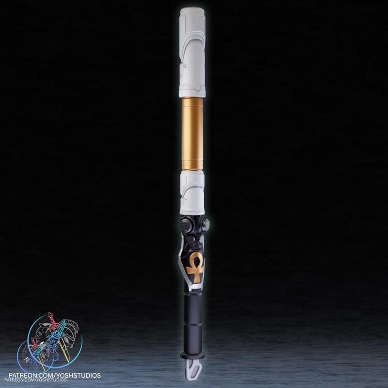 3D model of the Moon Knight staff, featuring white, gold, and black sections with an Ankh symbol, presented against a...