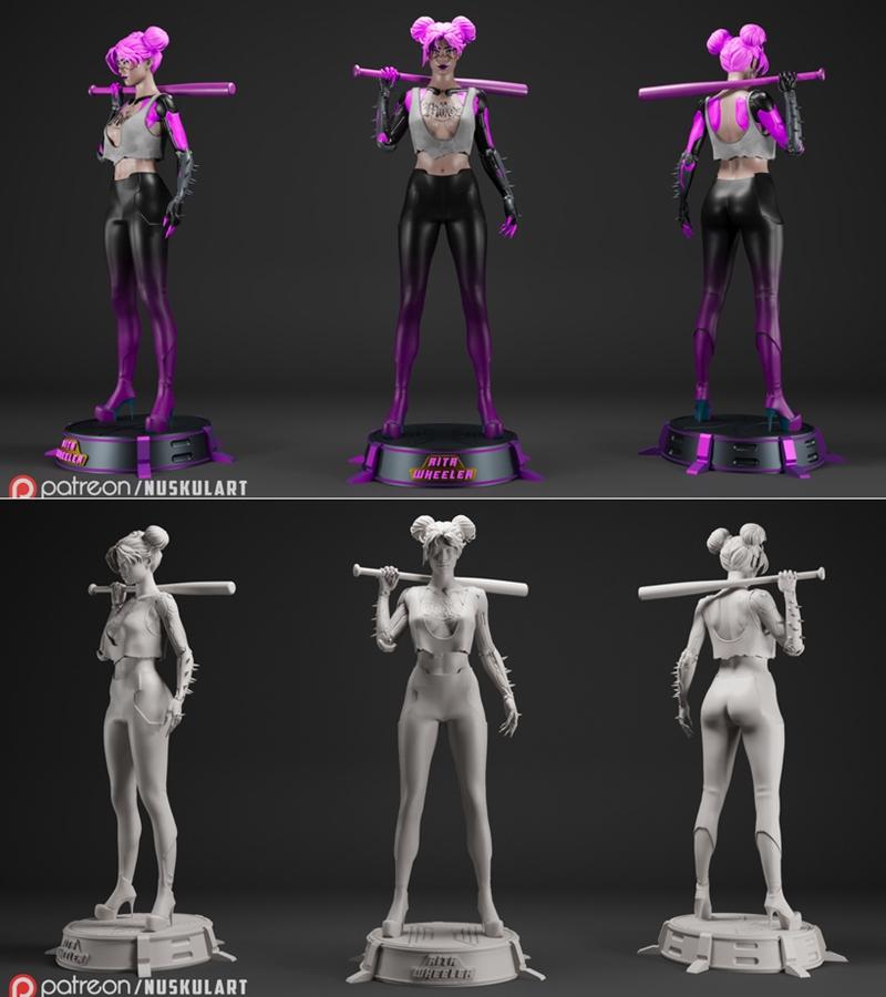 Rita Wheeler King Size 3D model figure, cyberpunk style, pink hair, holding baseball bat, wearing cropped top and spi...
