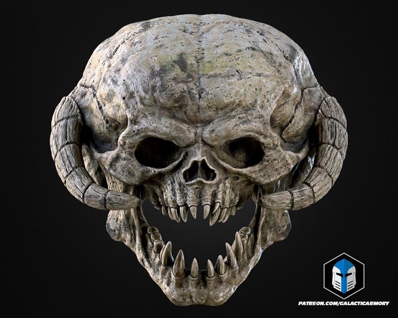 Detailed 3D model bust of a monstrous skull with large, textured horns and an open mouth full of sharp teeth. Texture...